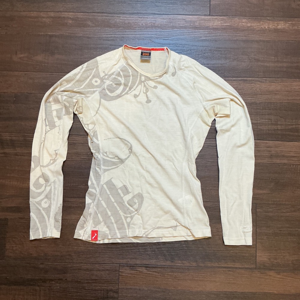 Icebreaker Merino Wool Bodyfit 200 Long Sleeve Top Cream Graphic Sz S Base Layer